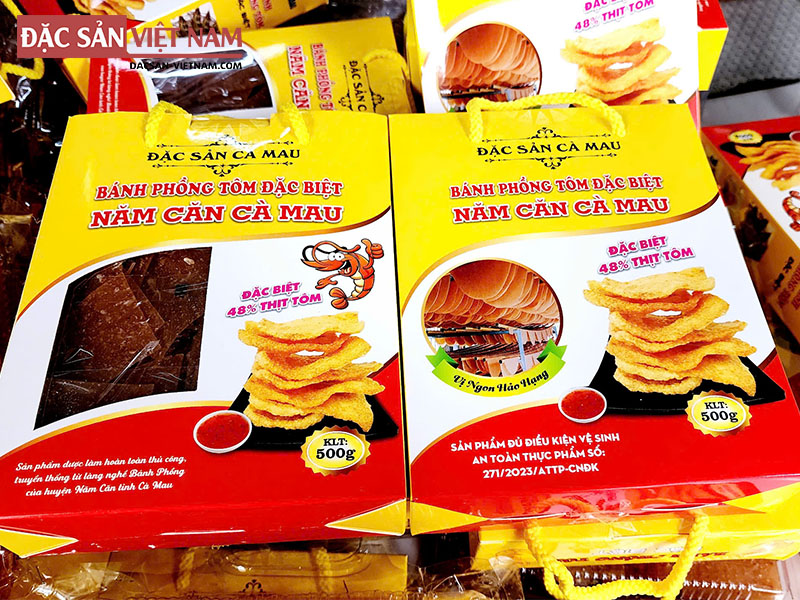Packaged Banh Phong Tom Nam Can shrimp crackers from Ca Mau